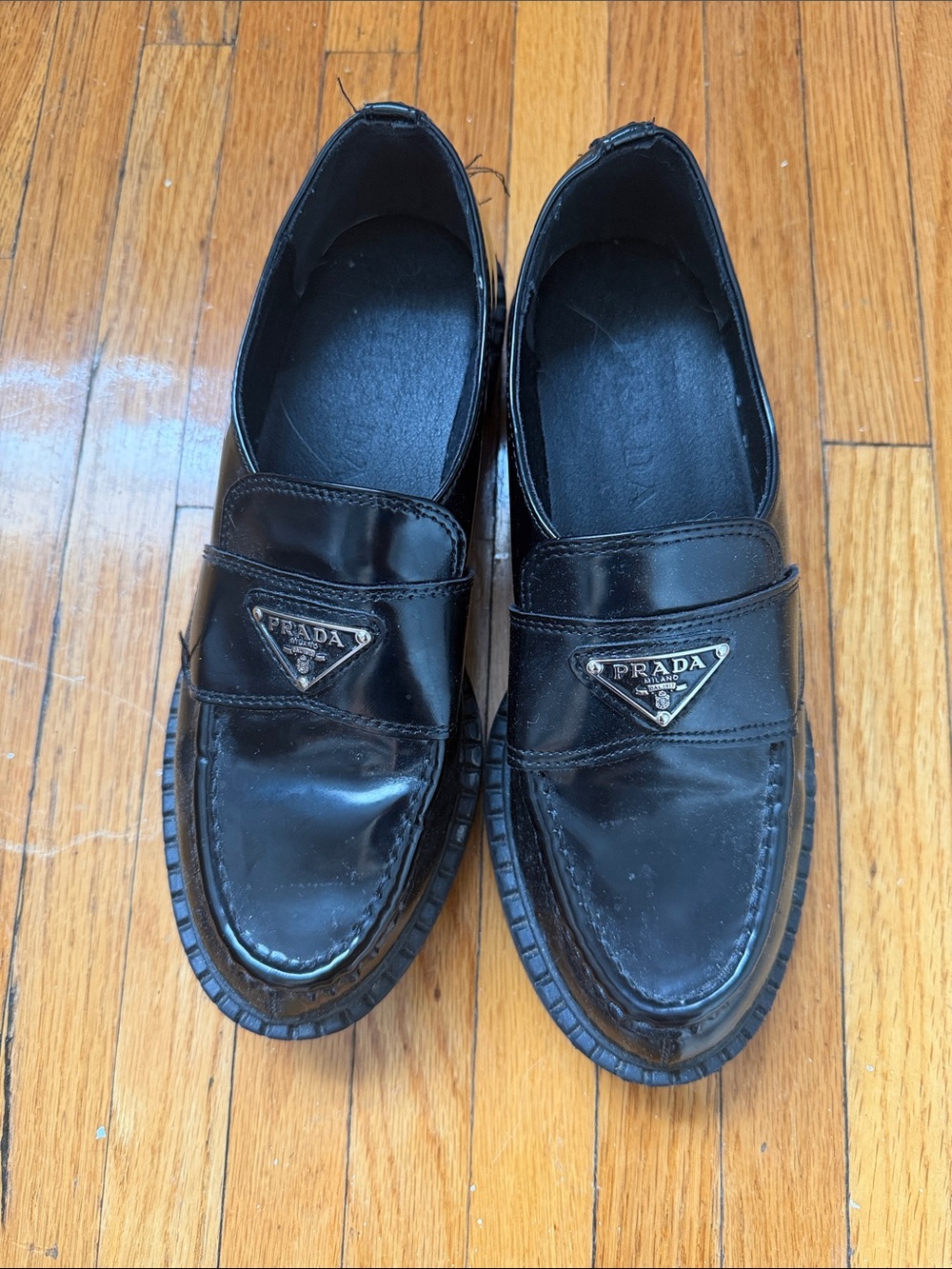 Prada Women’s Black Leather Slip-On Loafers with Logo Plaque - Picture 2 of 4